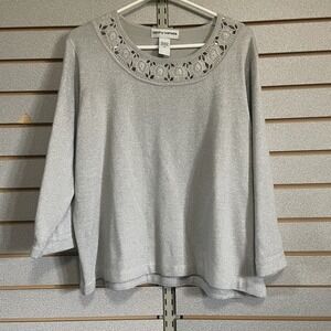 Cathy Daniels Top Shirt Blouse 3/4 Sleeve Sweater Silver Sparkly XL Crochet Trim